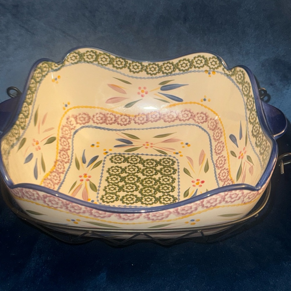 Temp-tations 2.5qt “Old World” Serving Stoneware Bowl with Metal Basket